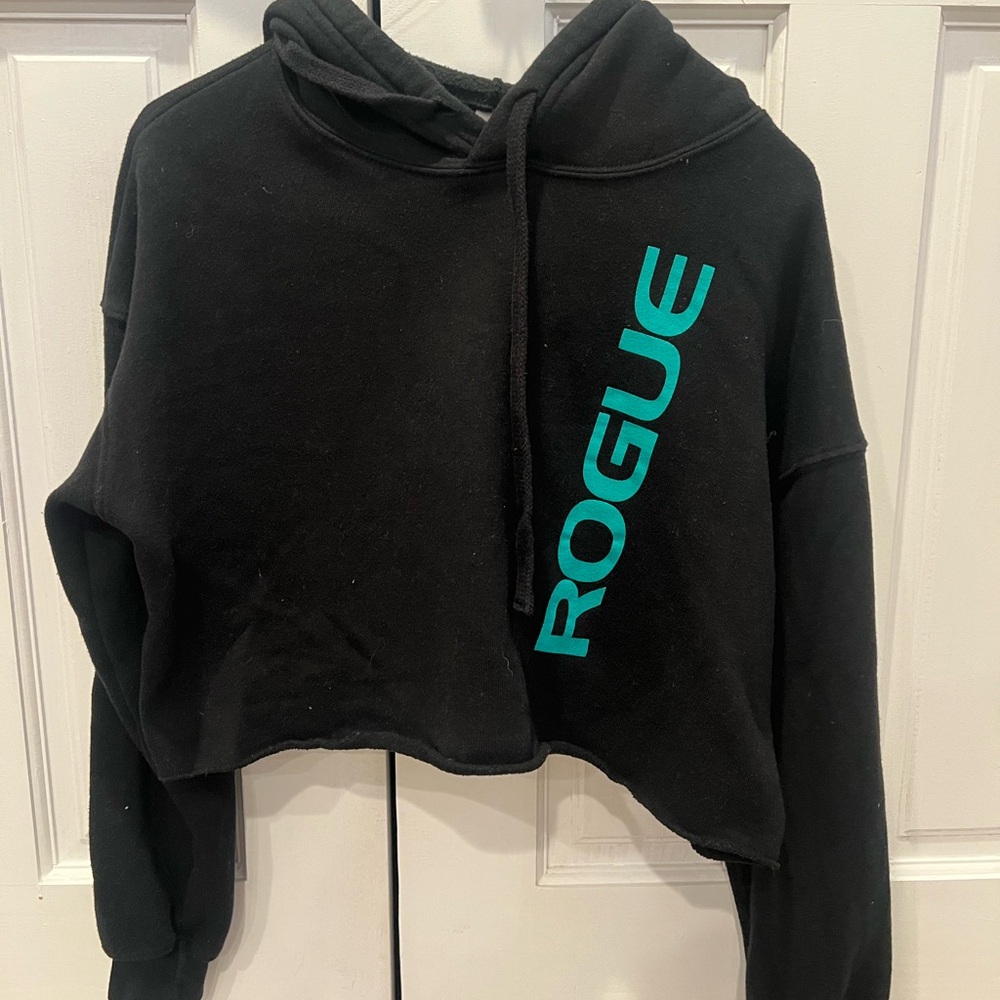 Black Cropped Rogue Hoodie with Teal Logo